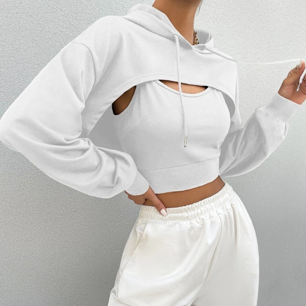 White Preppy Womens Drop Shoulder Drawstring Super Crop Hoodie & Top - Picture 5 of 5